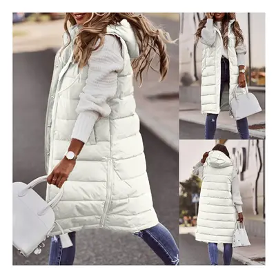 (xxL, White) Women Long Winter Down Vest With Hood Sleeveless Warm Down Jacket with