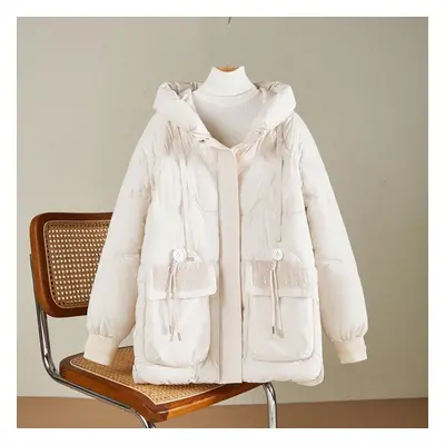 (white, L) Thickened Cotton Coat For Women - Loose And Unique Bread Style Design