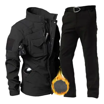 (Black set, 70-78kg) Military Fleece Warm Sets Men Shark Skin Soft Shell Tactical Jacket+Army Ca