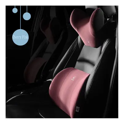 (Cherry Pink) Memory Foam Car Neck Pillow Lumbar Set Car Headrest And Lumbar Combination