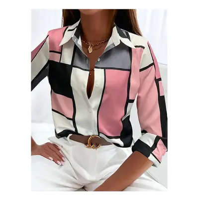 (B25SLTH2461415056, S) Boutique Pattern Printed Button Long Sleeve Women's Shirt Vintage Elegant