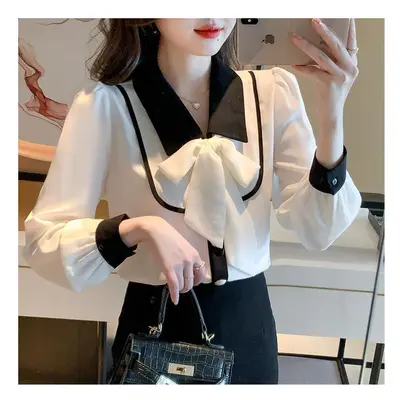 (black, XXL) Elegant Contrast Patchwork Blouse Bow Lacing Youth All-match Shirt Tops Spring Autu