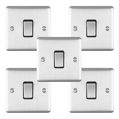 5 PACK Gang Single Light Switch SATIN STEEL Way 10A Black Trim & Metal