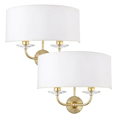 2 PACK Dimmable Twin Wall Light Brass Glass White Fabric Shade Curved Arm Lamp