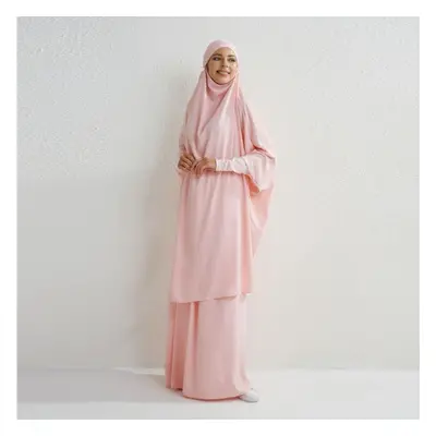 (pink, One Size) Muslim Sets Two Pieces Prayer Clothing Long Hooded Smocking Sleeve Shirts Hijab