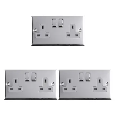 3 PACK Gang Double UK Plug Socket POLISHED CHROME 13A Switched GREY Trim