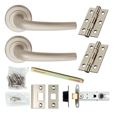 Door Handle & Latch Pack Satin Chrome Rounded Curve Lever Screwless Round Rose