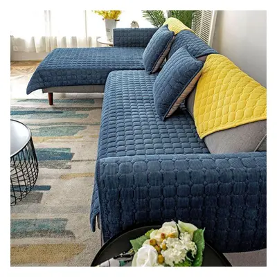 (dark blue, 110x240cm) Solid Color Non-slip Sofa Cover Thicken Soft Sofa Towel For Living Room F