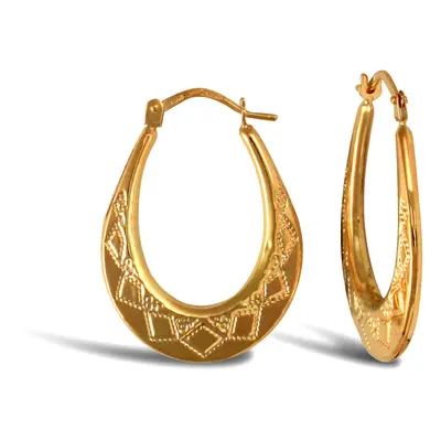 Jewelco London Ladies 9ct Yellow Gold Pear Shape Diamond Pattern Creole Earrings - JER589