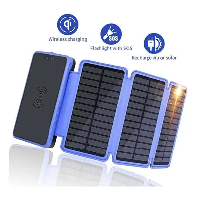 (10000mah Black) 20000mah Waterproof Wireless Charging Solar Power Bank Portable Power Battery f