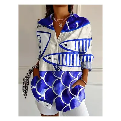 (QT1073, S) Fashion shirt 3D printing HD fish pattern shirt daily casual shirt soft fabric fitne