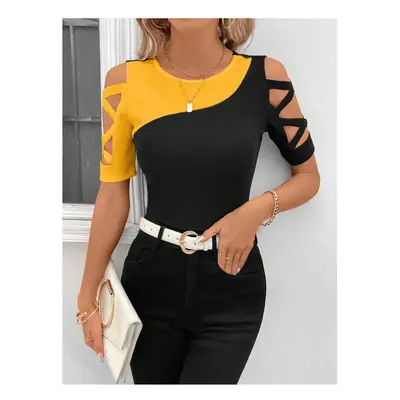 (Yellow, M) Women's Fashion Blouses T-shirt Summer New Color Block Cross Off Shoulder Slim Short