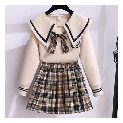 (khaki, 170) Girls Uniform Suit Pleated Skirt Children&apos;s College Style Skirt Student Spring