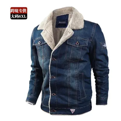 (ultramarine blue, XL) Men Winter Fashion Cowboy Jacket Trendy Warm Fur Liner Denim Thick Jacket