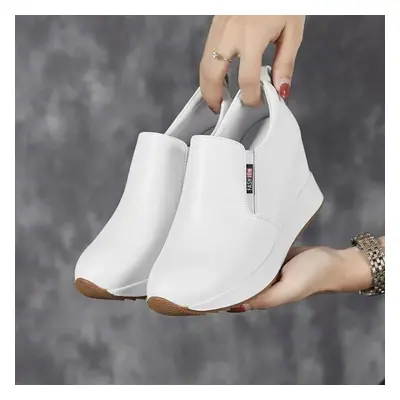 (white, 36) Fujin 7cm Genuine Leather Synthetic Boot Women Fashion Ankle Platform Wedge Heels Pu