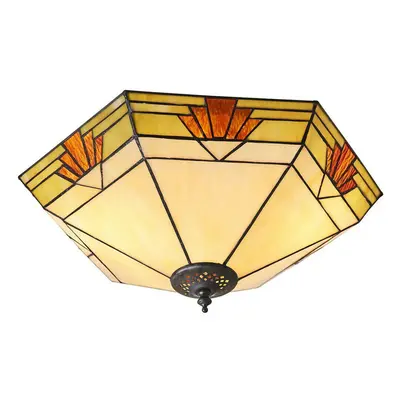 Tiffany Glass Semi Flush Ceiling Light Cream & Red Inverted Hex Shade i00058