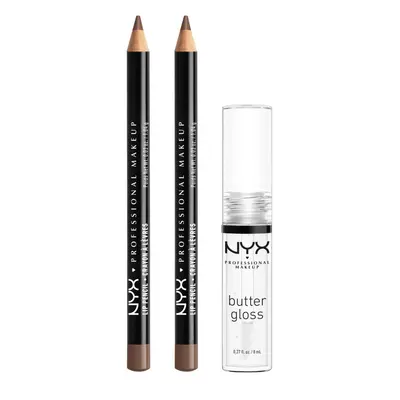 NYX PROFESSIONAL MAKEUP Slim Lip Pencil (Espresso) + Butter Gloss (Sugar Glass Clear) 3-Pack Bun