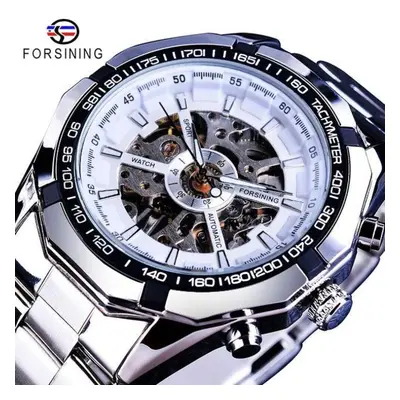 (ivory) Forsining Stainless Steel Waterproof Mens Skeleton Watches Top Brand Luxury Transparent 