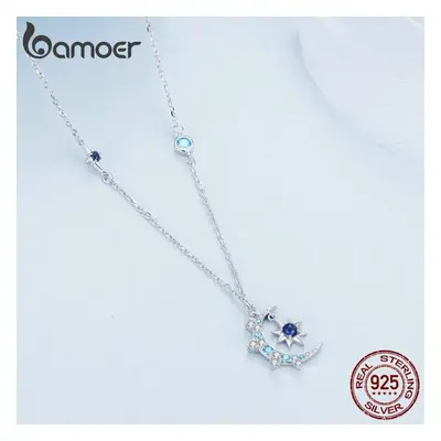 (925 silver) Bamoer Sterling Silver Star And Moon Pendant Necklace Forever Love Neck Chain For W