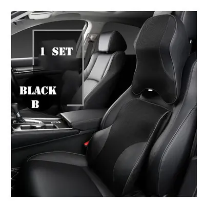 (black B 1set) Leather Mesh Car Neck Pillow Set Memory Foam Auto Headrest Waist Support