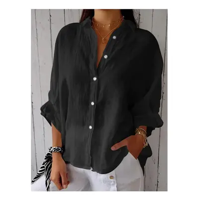 (black, XXL) Cotton and line back lace up shirt blouse women fashion pure color long sleeve shir