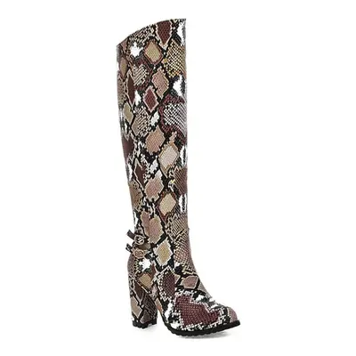 (brown, 42) Q/women&apos;s High Heel Boots Sexy Snake Skin Pattern Thick Heel Women&apos;s Boots