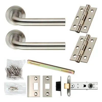 Door Handle & Latch Pack Satin Steel Rounded Bar Lever Screwless Round Rose