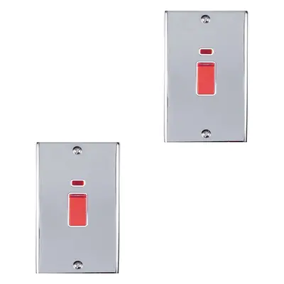 2 PACK Gang Double 45A DP Switch Neon POLISHED CHROME & WHITE Vertical Rocker