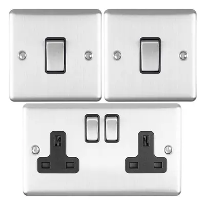 SATIN STEEL Bedroom Socket & Switch Set - 1x Light & 2x Double UK Power Sockets