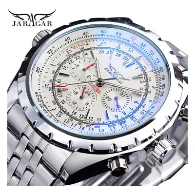 (white) Jaragar Blue Glass Design Automatic Watch Stainless Steel Date Clock Luminous Men Busine