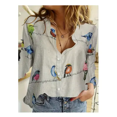 (B25SLJ2482315082, L) Women's New Shirt Cartoon Bird 3D Pattern Fashionable Collar Women's Long 