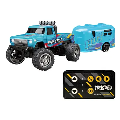 (Blue) Mini RC Monster Truck with Lights & Trailer All Terrain Off-Road Truck Toy 1:64 Scale Adj