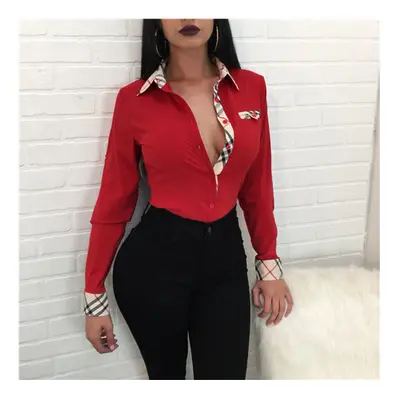 (red, XXL) Fashion Women Shirts Spring Lapel Long-sleeved Button Top Vintage Plaid Print Elegant