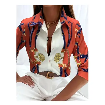 (B25SLTH24614150516, L) Boutique Pattern Printed Button Long Sleeve Women's Shirt Vintage Elegan