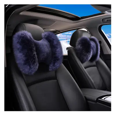 (Dark blue 2pcs) Winter Pure Wool Car Headrest Neck Pillow Warm Soft Fur Auto Bone Seat