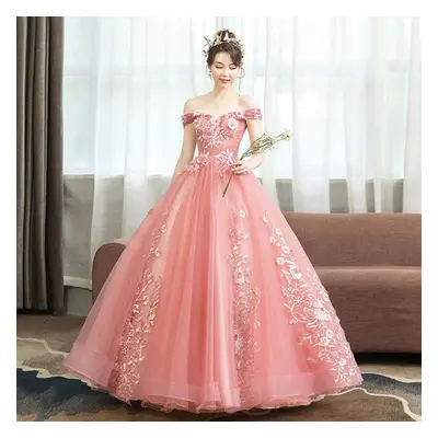 (cameo pink, L) Chorus Compere Party Banquet Women Off Shoulder Applique Embroidery Solid Color 