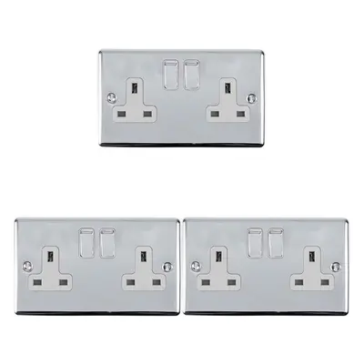 3 PACK Gang Double UK Plug Socket POLISHED CHROME 13A Switched White Trim