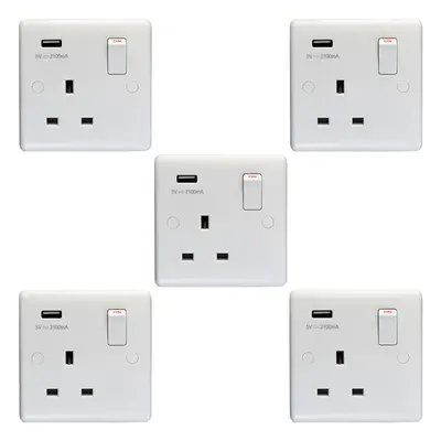 5 PACK Gang Single UK Plug Socket & 2.1A USB-A Charger WHITE 13A Switched