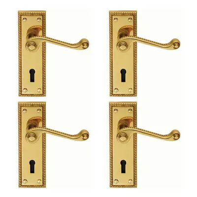 4x PAIR Reeded Design Scroll Handle on Lock Backplate x 48mm Polished Brass