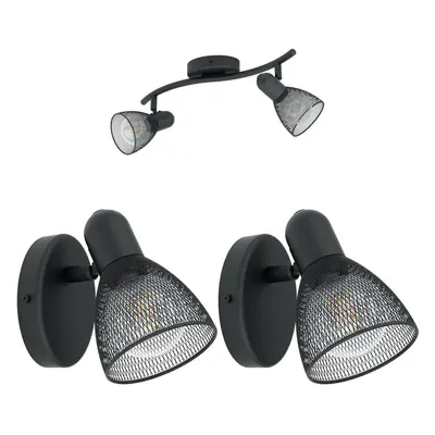 Twin Ceiling Spot Light & 2x Matching Wall Lights Black Mesh Adjustable Head