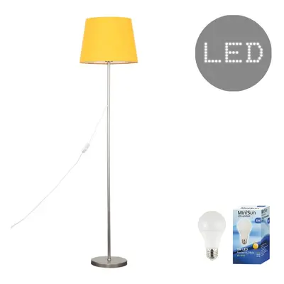 Modern Standard Floor Lamp in a Brushed Chrome Metal Finish with a Mustard Tapered Shade - Compl