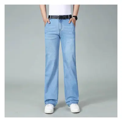 (light blue, 33) Men&apos;s Mid-rise Elastic Loose Jeans Men&apos;s Casual Large Straight Trouse