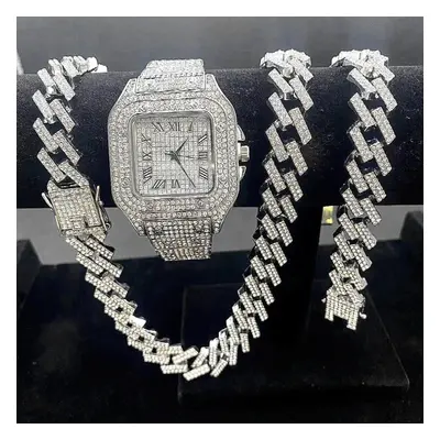 3PCS Iced Out Watches for Men Watch Quartz 15mm Cuban Link Chains Bracelet + Necklaces Diamond J