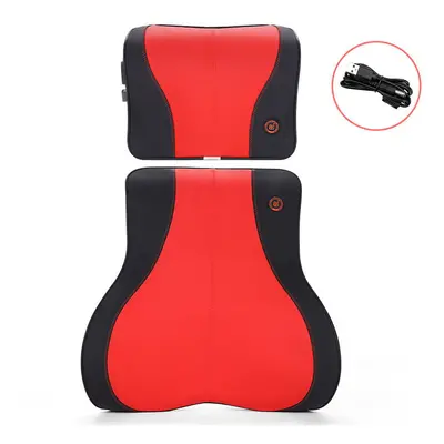 (BlackRed-Set) Car Massage Heat Neck Support Pillow Seat Back Support Headrest Pillow