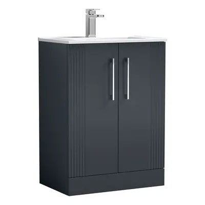 Retro Door Floor Standing Vanity Unit with Minimalist Tap Hole Ceramic Basin - 600mm - Satin Sof