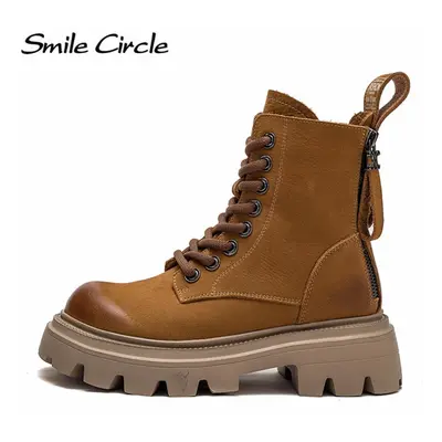 (as the picture, 40) Natural Leather Chunky Women&apos;s Martin Boots High Top Back Zipper Thick