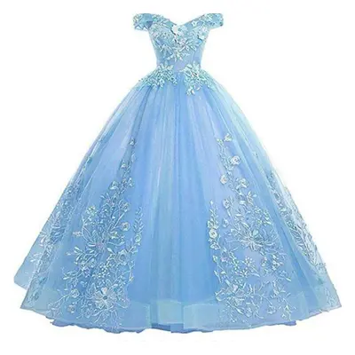 (light blue, L) Chorus Compere Party Banquet Women Off Shoulder Applique Embroidery Solid Color 