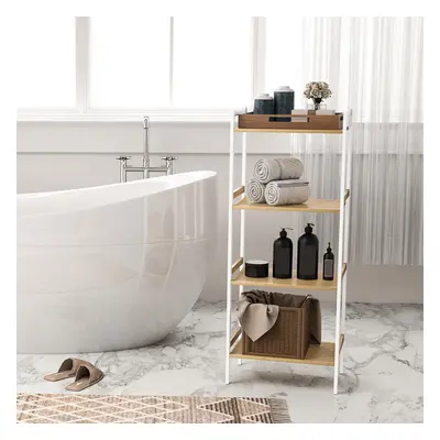 HOMCOM 4-Tier Bamboo Bathroom Shelf with Adjustable Rack, Natural, White