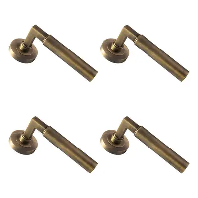 4x PAIR Straight Round Bar Handle on Round Rose Concealed Fix Antique Brass