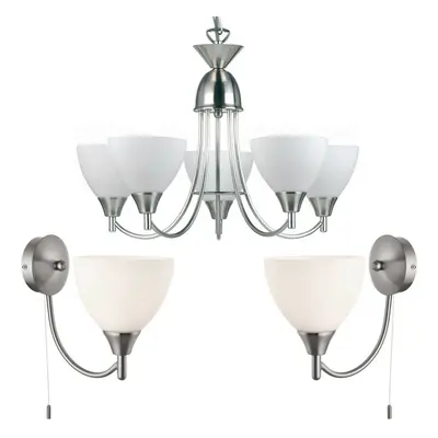 5 Lamp Ceiling & 2x Wall Light Pack Satin Chrome Glass Matching Indoor Fittings